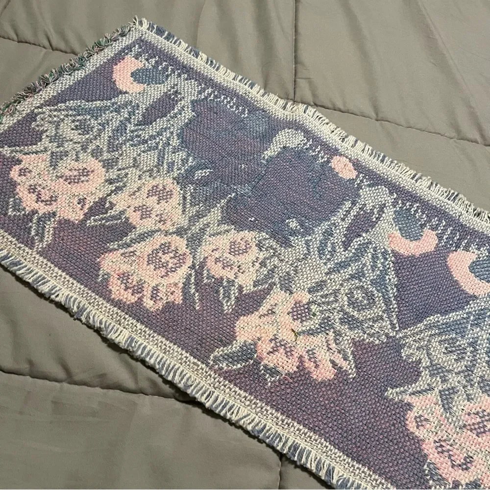 Bunnies and Tulips Tapestry Folk Art Spring Table Runner Easter Woven 34X13